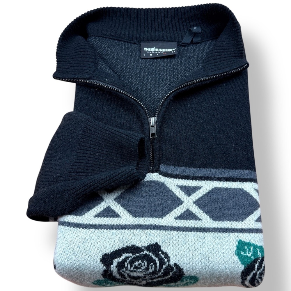 The Hundreds Black Rose Graphic Wool‎ Blend 1/4 Zip Sweater Mens Size Small